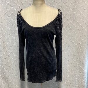 T Party size L Fashion Black‎ Beaded Tunic Top bling lace stretch biker chick
